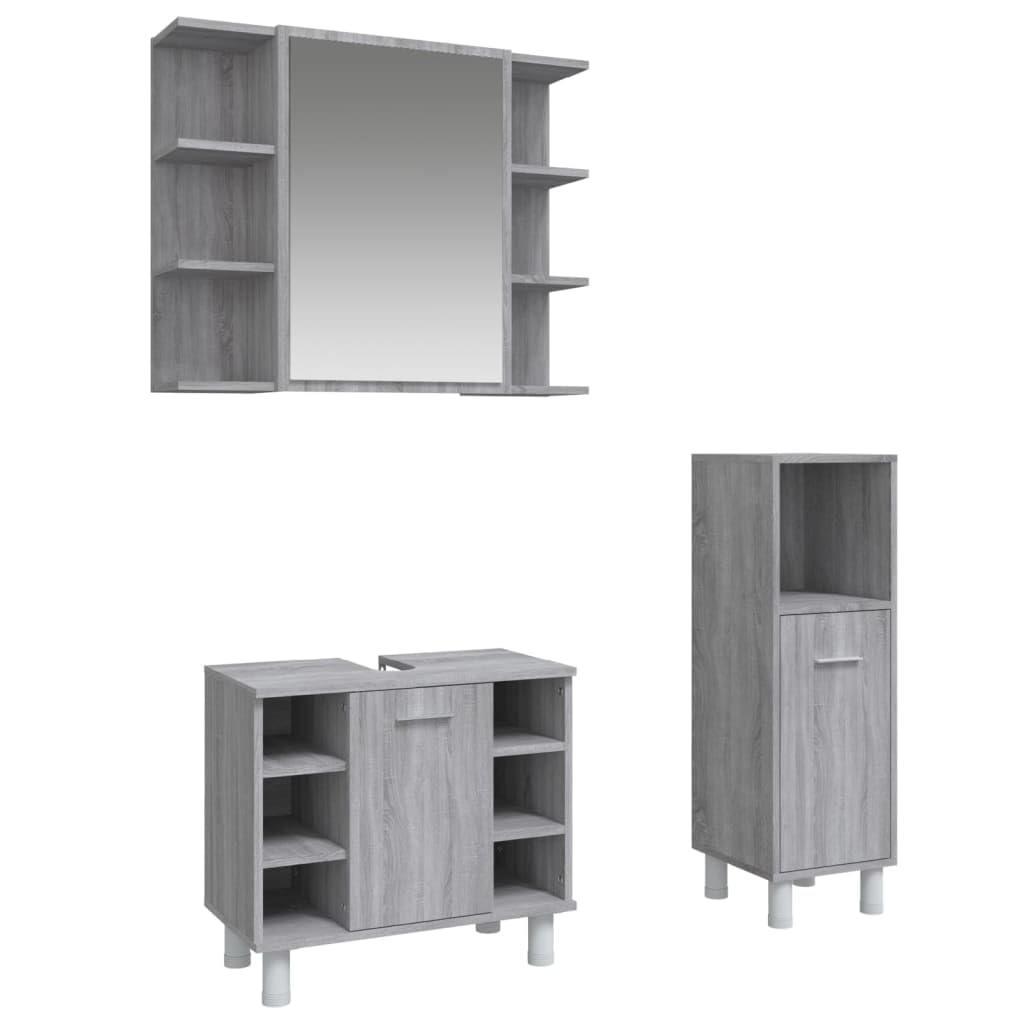 Juego de muebles de baño Sonoma de 3 piezas, color gris, madera moderna, lavabo, armario de pie, armario colgante con espejo, para almacenamiento de baño, resistente a la humedad