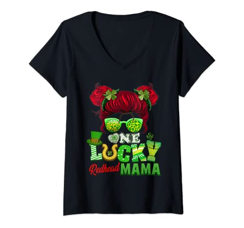 Mujer St Patrick Day Women's Shamrock Messy Bun Lucky Redhead Mama Camiseta Cuello V