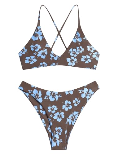 Image of ZAFUL Women's Tie Back Padded High Cut Bralette Bikini Set Two Piece Swimsuit