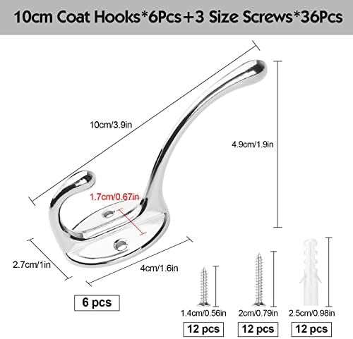 Coat Hook 6Pcs Sliver Coat Hooks Metal Coat Hooks Heavy Duty Coat Hooks Wall Mounted Hooks with 24 Screws for Hanging Coat Hat Scarf Bag (Silver)