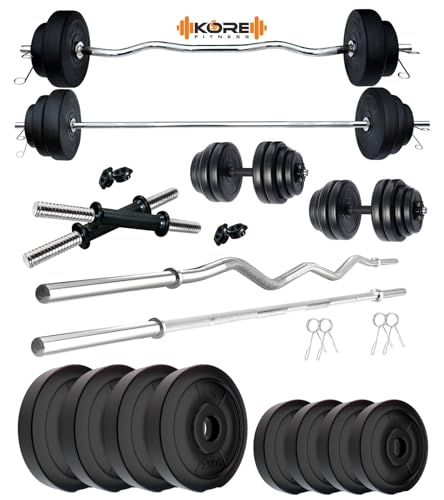 Image of Kore PVC 14 Kg Home Gym Set with One 3 Ft Plain + One 3 Ft Curl Rod and One Pair Dumbbell Rods, Multicolour
