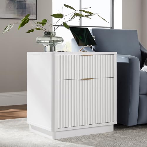 T4TREAM 23'' Fluted Nightstand with Charging Station, Large 2 Drawer Bedside Table, Modern End Table with Storage, Mid Century Night Stand for Bedroom, Living Room, Curved Profile, Solid White