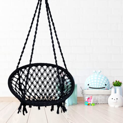 Patiofy Cotton Round Baby Swing/Jhula for Kids/Swing for Kids for Home/Jhula for Baby Swing Hanging Indoor & Outdoor/Ideal for 5-15 Years/Swing for Children/Swinging Chair for Kids (Black)