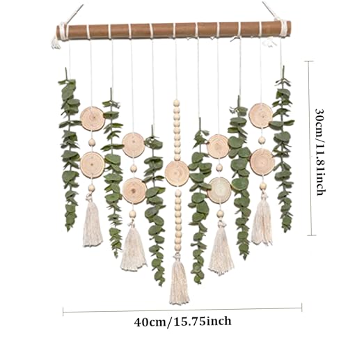 Suspension en eucalyptus artificiel et pompon en bois style champêtre - 5