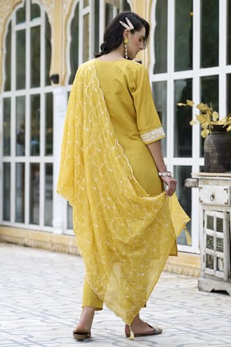 Image of VredeVogel Women's Silk Blend Kurta Pant Set with Chanderi Embroidery Work Dupatta