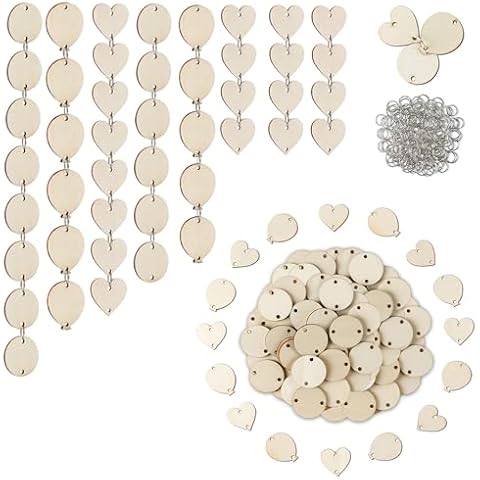 Family Birthday Plaque Tags Wooden Heart Circle Balloon Tags with Holes and Ring 210 Pieces in Total for Family Sign Birthday Calendar, Valentine, Chore Board Wood Crafts Cover