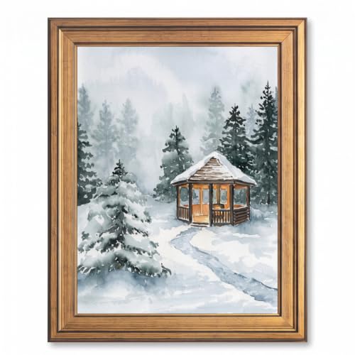 Framed Snowy Gazebo Canvas Wall Art, Watercolor, Gold Frame Inch 8x10