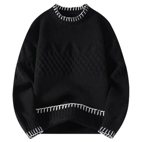 Men Thick Warm Harajuku Sweater Crew Neck Patchwork Long Sleeve Pullover Knit Jumper