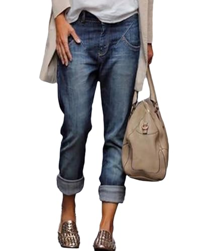 Women's Vintage Boyfriend Jeans Mid Rise Slim Fit Distressed Straight Leg Jeans