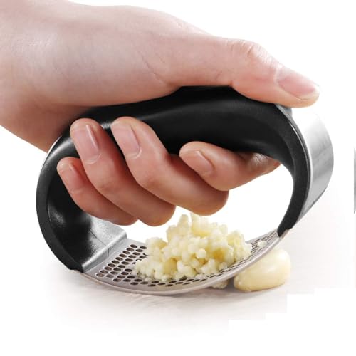 CHFEZOCO Prensa ajos, Triturador de ajos, Machacador de ajos, Aplastador de ajos, Prensador de ajos, picadora de ajo, Picador de ajos, utensilio de Cocina, Acero Inoxidable y mango plástico, 11.5 cm