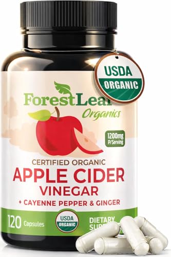 USDA Organic Apple Cider Vinegar Capsules with Mother, 1200 mg - Vegan & Non-GMO - Apple Cider Vinegar Pills with Cayenne Pepper & Ginger Root - 120 Caps