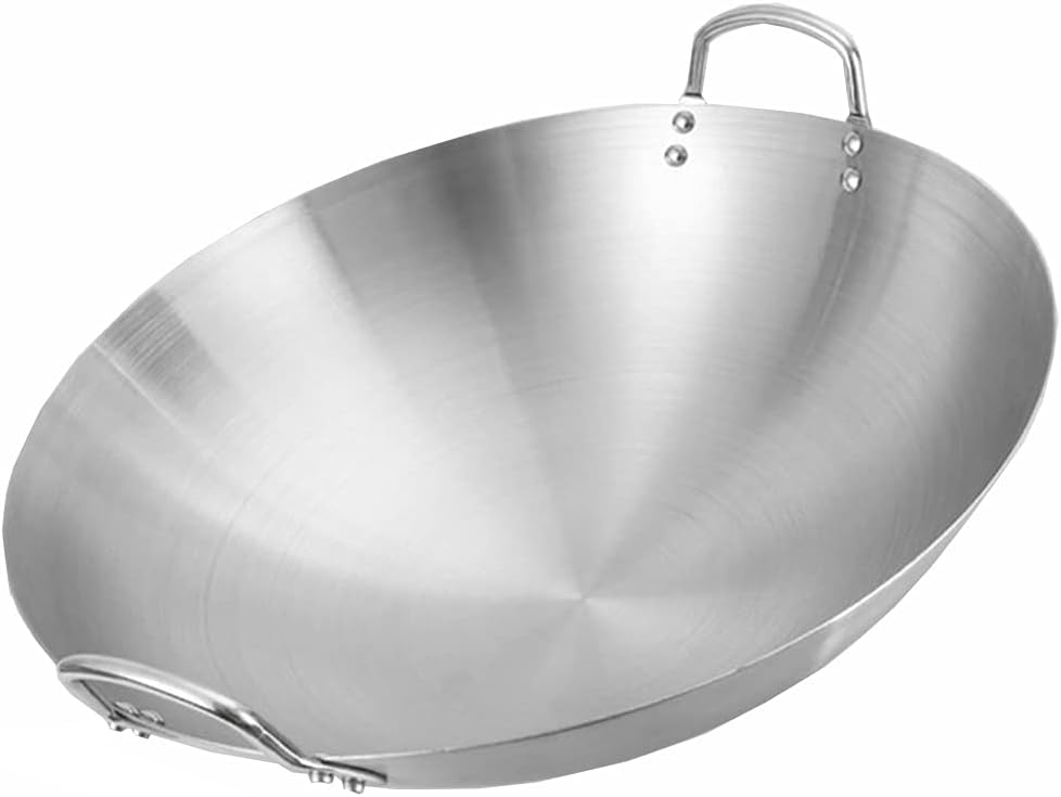 Standard Non-Magnetic Stainless Steel 32cm-70cm Chinese Style Round Bottom Non-Stick Pan Fast Heat Conduction,Thicken Uncoated Wok W/ 2 Loop Handles Suitable for Kitchen Use