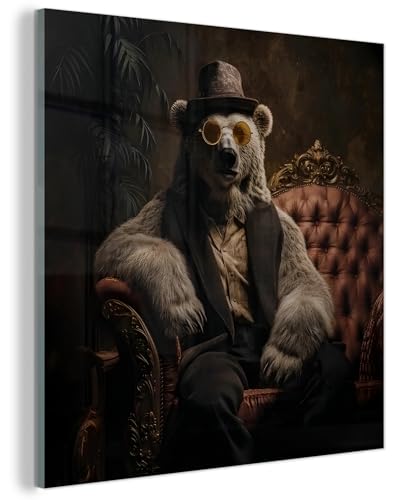 MuchoWow© Tableau en Verre 20x20 cm Décoration Murale Moderne pour Chambre Salle de Bain Salon Idée Cadeau Image Murale Ours Polaire - Chapeau - Lunettes -...