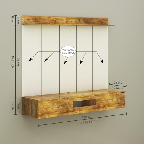 Image of Anikaa Lucen PVC Back Panel Wall Mounted TV Unit with Spot & Blue Ambient LED Light- Acrylic Storage Box, Display Shelf & Soft-Close Hinges | Ideal for Up to 50 Inch TV (Giantwood - DIY Installation)