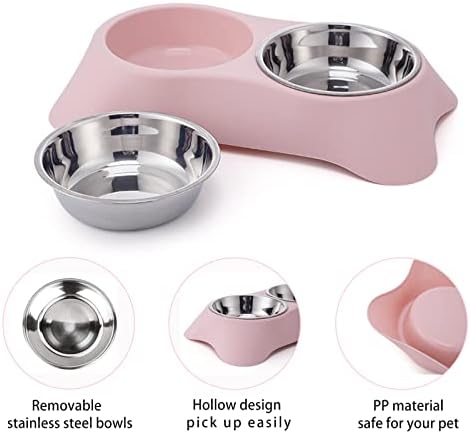 Double Dog Bowl, 2pcs 250ML Stainless Steel Dog Food Bowl Non-spill Dog Bowls for Small Dogs Puppies Cats(Pink)