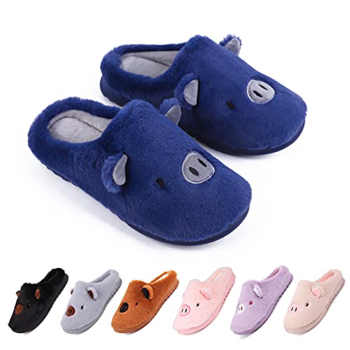 Pantoufles Cochon Mignon Femmes Hommes Mousse à Mémoire Chaussons Toison de Corail Maison Chaussures Hiver Chaud Confortable Semelle en caoutchouc Bleu marine 42/43 Cover