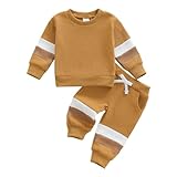 BULINGNA Toddler Baby Boy Fall Winter Clothes Long Sleeve Crewneck Pullover Sweatshirt Jogger Pants Set 2Pcs Contrast Outfit (Khaki, 6-12 Months)