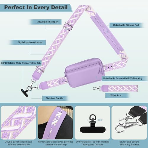 Image of YFWE Clip and Go Strap for Phone with Wallet Crossbody, Adjustable Phone Lanyard with Detachable RFID Wristlet Wallet, Pattern Strap - Purple (L)