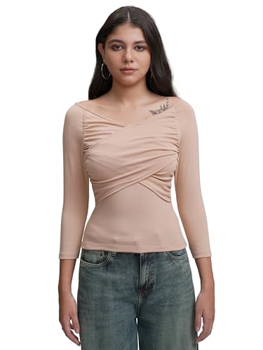 Tokyo Talkies Women's Round Neck Full Sleeve Regular Top with Wrap Gather | Stylish & Comfortable | Perfect for Casual & Day Outings | Tops for Woman | Women Tops | Stylish Top