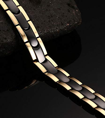 Pulseira Masculina Magnética de Aço Inox Titânio com Filetes banhados a Ouro 18K