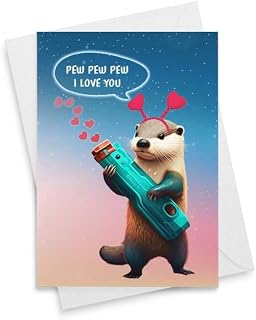 Dart War Otter Anniversary Card For Husband - Pew Pew I Love You Card For Girlfriend - Funny Valentines Day Card For Boyfriend Father's Day [00346]