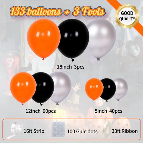 133pcs Orange Black Silver Balloons Garland for Halloween Decorations, Graduation, Basketball Theme Decorations, Party Backdrop, Birthday, Haunted House, Trick or Treat Party Supplies by Visondeco - Used condition - Image 6