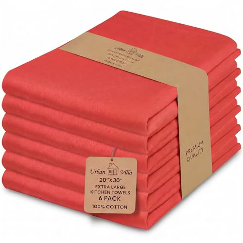 Urban Villa Kitchen Towel100% Cotton Red Color Dish Towels for Kitchen Size 20x30 inches (Set of 6) Highly Absorbent Multiuse Dish Cloths with Hanging Loop Quick Drying Soft Premium Hand &Tea Towels
