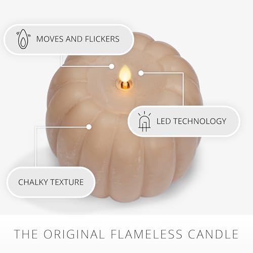 Image of Luminara Tall Pumpkin Figural Flameless Flickering Moving Flame LED Candle (5.7 inch x 5.5 inch), Chalky Finish Real Unscented Wax, Time Function (Irish Cream)