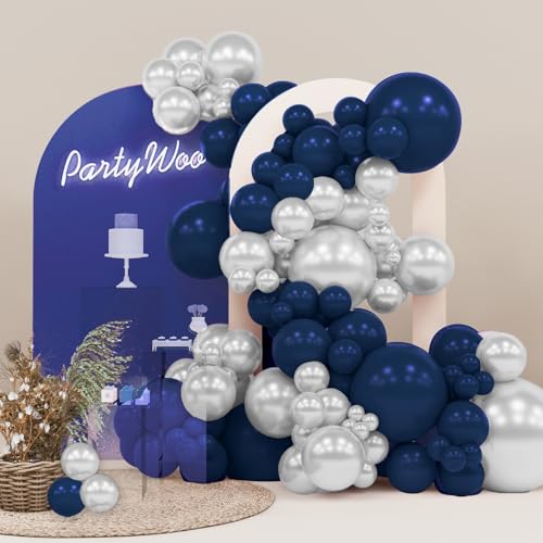 Image of PartyWoo Blue and Silver Balloons, 140 pcs Navy Blue and Silver Balloons Different Sizes Pack of 18 Inch 12 Inch 10 Inch 5 Inch for Balloon Garland or Arch as Birthday Decorations, Party Decorations