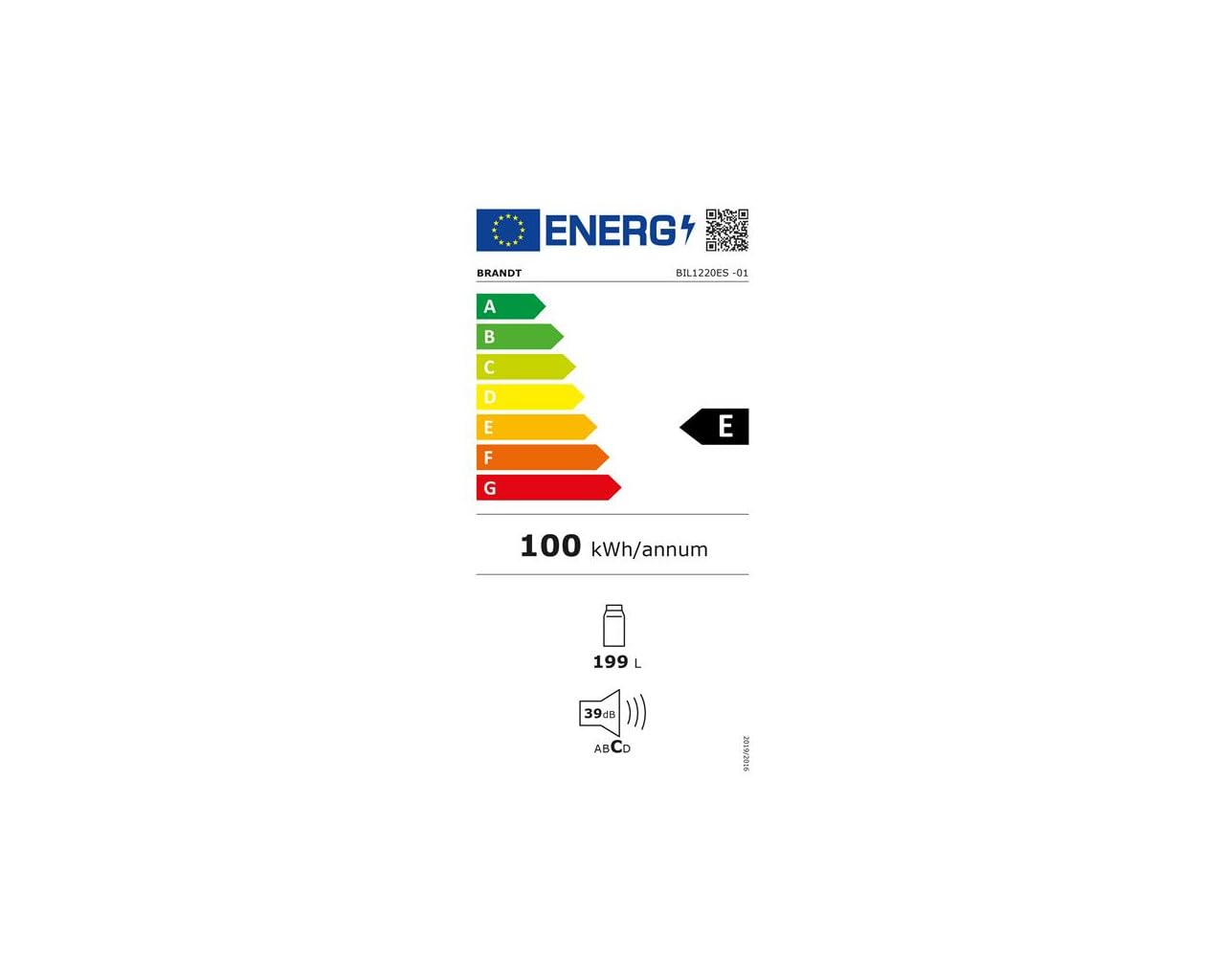 BRANDT 1 porte - 199 L Tt utile - Froid statique - Régul électr. - Eclairage LED - Niche H 122,5 cm - Glissières