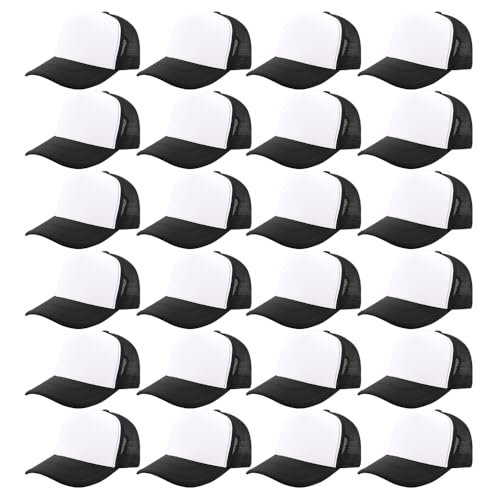 ZH Sublimation Blank Trucker Hats (24 Pack) - Polyester Mesh Baseball Caps for Heat Transfer Bulk Unisex Adjustable Wholesale Black/White