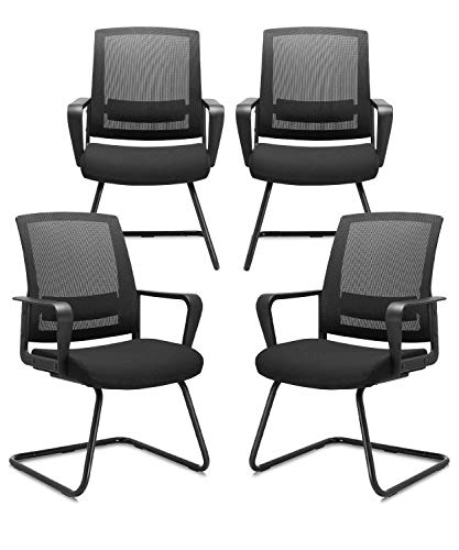 Image of CLATINA Office Guest Chair with Sled Base and Lumbar Support, Ergonomic Mid-Back Mesh Chair Without Wheels, Executive Reception Chair for School Church Conference Wait Room, Black (4 Pack)