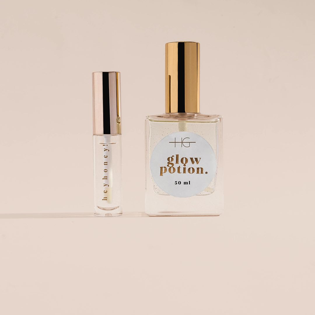 Hydrating Glow Duo – Glow Potion uniwersalny suchy olejek (50 ml) + HeyHoney Lip Plumping & odżywczy Serum (10 ml) – pielęgnacja twarzy, ciała, włosów i ust