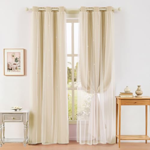 Image of indistar Star Cutout Kids Window Blackout Curtains for Girl Bedroom Window Room Darkening Curtains & Drapes Baby Nursery Curtains (2 Panel,35Wx90L inch,Cream)