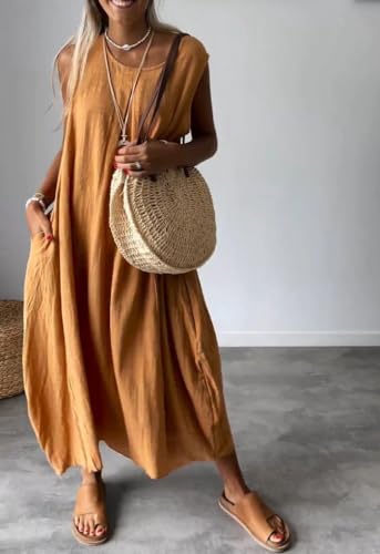 Image of chouyatou Women's Summer Sleeveless Linen Tank Dress Casual Loose A-Line Midi Long Beach Dress