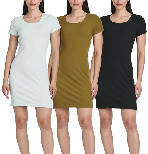 Image of Real Essentials 3 Pack: Women's Ribbed Mini Dress - Short Sleeve T-Shirt Dress Slim Fit Casual Summer Dress