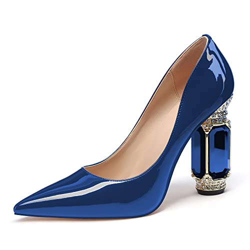 Image of JANSEVEN Women Chunky Heels Pumps Crystal Block Heels with Rhinestones Pointed Toe Sexy Gradient Patent Leather Slip on Bridal Party Wedding Dress Shoes 5-13 M US