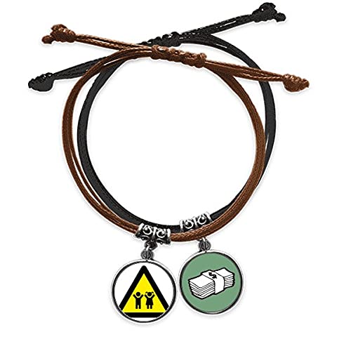 Pulsera de cuero negro de alta resistencia con símbolo de advertencia amarillo