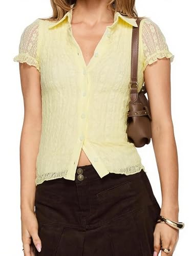 Image of Miolasay Women Y2k Lace Shirts Button Up Frill Cap Sleeve Shirt Solid Color Lapel V Neck Short Sleeve Sexy Slim Fit Tops (A-Yellow, M)