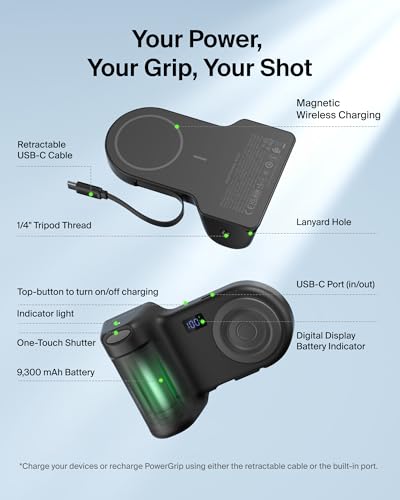 Image of Belkin Stage Powergrip, Magnetic Wireless Charging Camera Grip 9300mAh, Power Bank w /Retractable USB C Cable, Bluetooth, Tripod Attachment, LCD Screen, Portable Charger for iPhone, Google Pixel, etc.