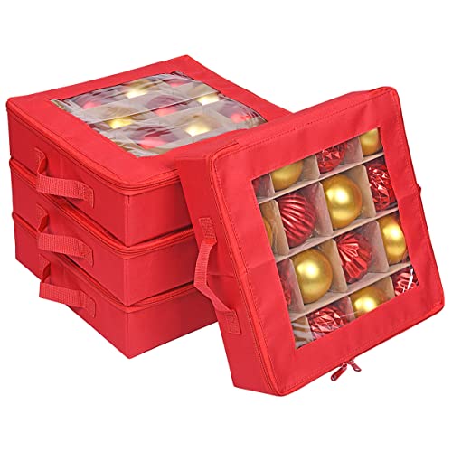 ProPik 4 Pcs Christmas Ornament Storage Boxes with Dividers | 4 Individual Trays Hold 64 Holiday Decoration Balls | Durable Ornaments Organizer Storage Box | Zippered Closure with Handles (Red)