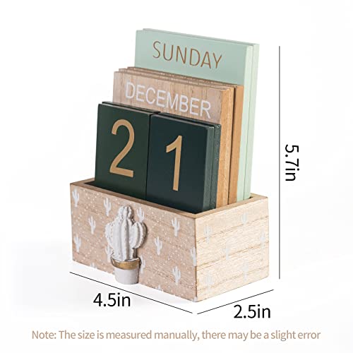 Perpetual Desk Calendar, Wooden Calendar Vintage Office Supplies Block Home Office Aesthetic Boho Desk Accessories Green Cactus Decor Gift — view 3