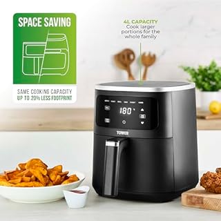 Tower T17205AFR Digital Single Basket Air Fryer, 4L Capacity, Overheat Protection, 1300W, Black, Medium