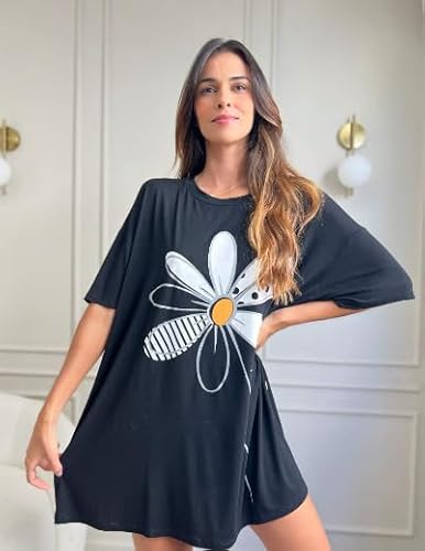Camisola Feminina De Dormir Camisetão Verão Manga Curta Flor (Padrão, Preto, P)
