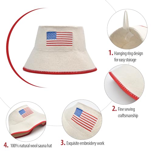 HALSA Sauna Hat, Natural Wool Sauna Cap for Men and Women, USA Flag, Eco-Friendly Insulating Headgear for Spa, Steam Room, Banya, Bathhouse - Comfortable, Breathable, Handmade - One Size Fits All
