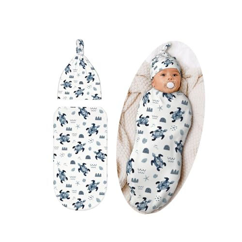 Image of Lcokin Sea Turtle Baby Stuff Swaddle Blanket Set with Beanie Hat for Boys and Girls Shower Gift