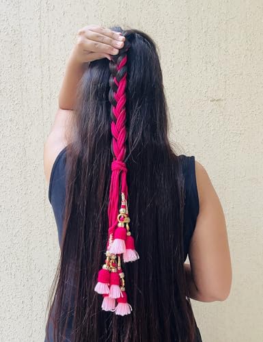 Image of Zippy Flora Rani Cotton Parandi (Pink) | Handmade Boho Parandi | Traditional Hair Accessory with Braid Tassles & Shells | Hair Extension | Choti for Curly & Straight Hair | 22 Inches Length