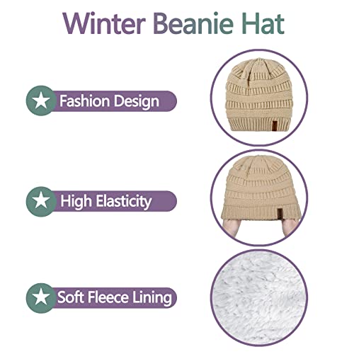 Women Beanie Hat Gloves And Scarf Set Winter Warm Knit Cap Thick Fleece Lined Neck Warmer Beige Snow Ski Cold Weather, Gorras Gorros Guantes Bufandas De Invierno Para Mujer, Gift For Mom #TOP1