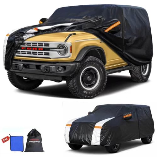 Image of Multi-Layer Car Cover Custom Fit for Ford Bronco 4dr(2020-2026), 100% Waterproof All Weather for Automobiles, Gift with Towel, Heavy Duty Car Covers for Rain Sun UV Protection with Door Zipper