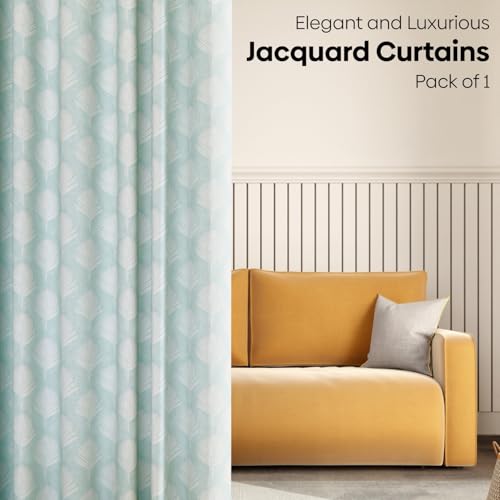 Image of haus & kinder Printed Jacquard Window Curtain 5 Feet Long Pack of 1 Window Curtain, 5 Feet Curtain for Window (Palm Charm, Aqua Nature Design 130x152 CM)